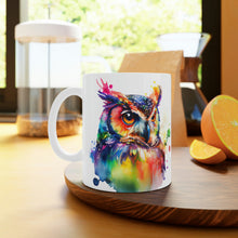 Load image into Gallery viewer, First In The Series of Rainbow Owl White Ceramic Mugs, 11oz and 15oz
