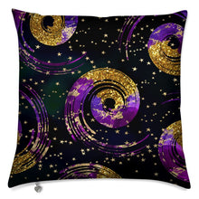 Load image into Gallery viewer, Black, Purple, Gold Spiral with what looks like Gold Glitter Cushion
