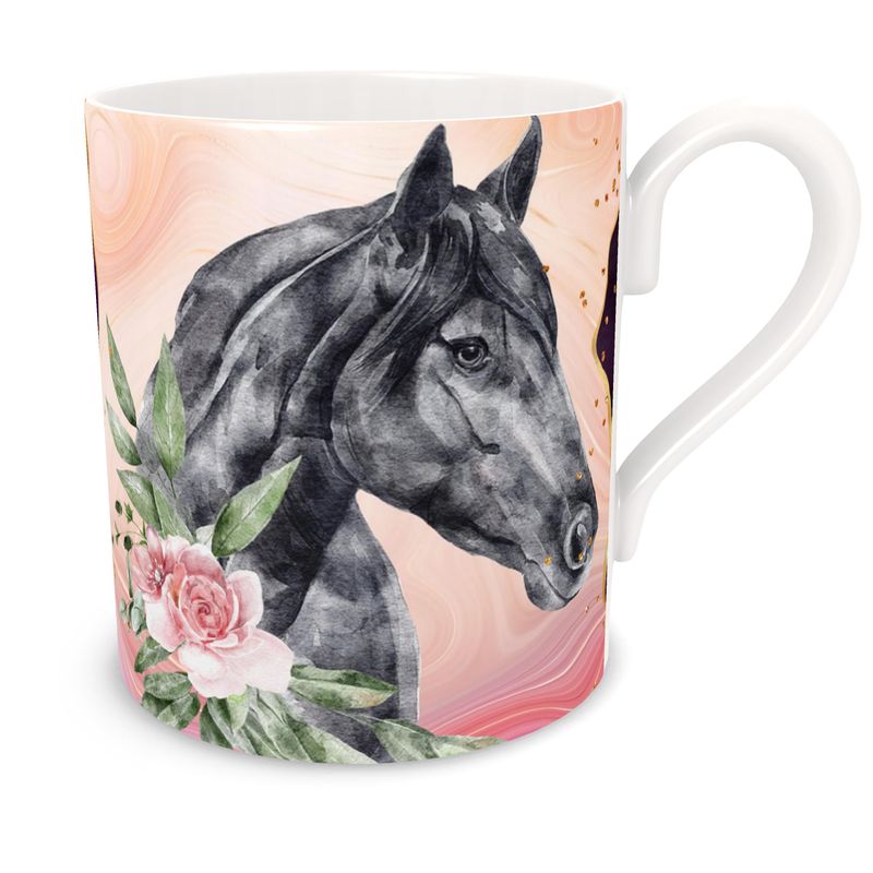 A Pair of Stunning Black Horses with Pink Rose Bone China Mug