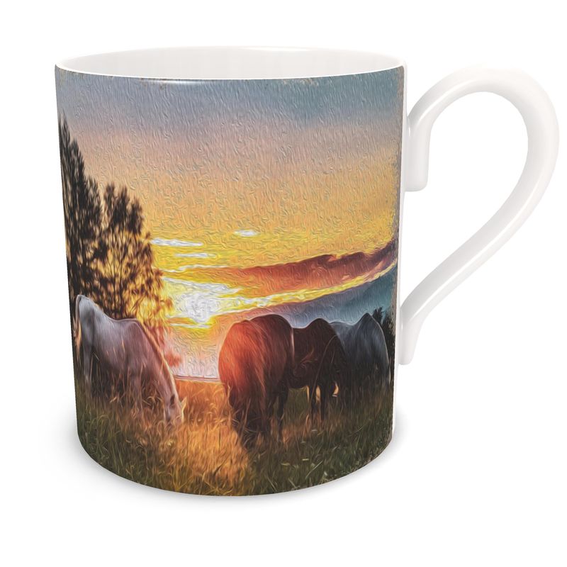 Horses Grazing with a Stunning Sunset Background Bone China Mug