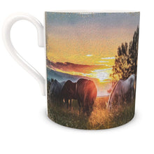 Load image into Gallery viewer, Horses Grazing with a Stunning Sunset Background Bone China Mug
