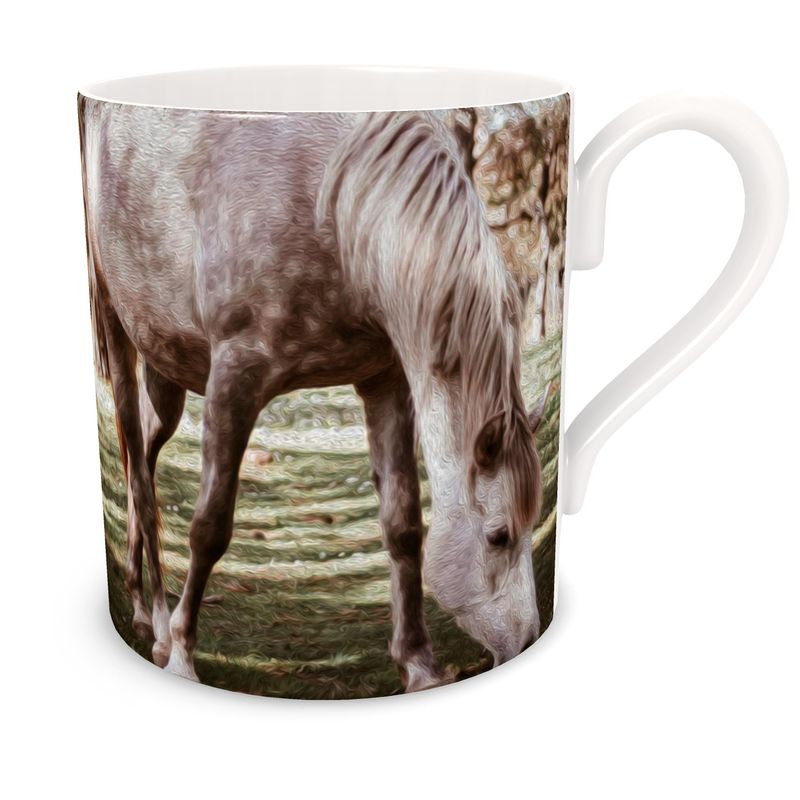 Two White Horses Grazing Bone China Mug