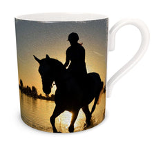 Load image into Gallery viewer, Two Horses and Riders with Sunset as Backdrop Bone China Mug
