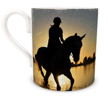 Load image into Gallery viewer, Two Horses and Riders with Sunset as Backdrop Bone China Mug
