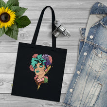 Load image into Gallery viewer, Colourful Lady with Flowers In Her Hair Organic Cotton Tote Bag
