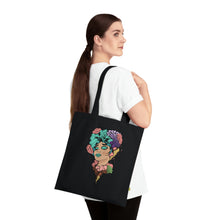 Load image into Gallery viewer, Colourful Lady with Flowers In Her Hair Organic Cotton Tote Bag
