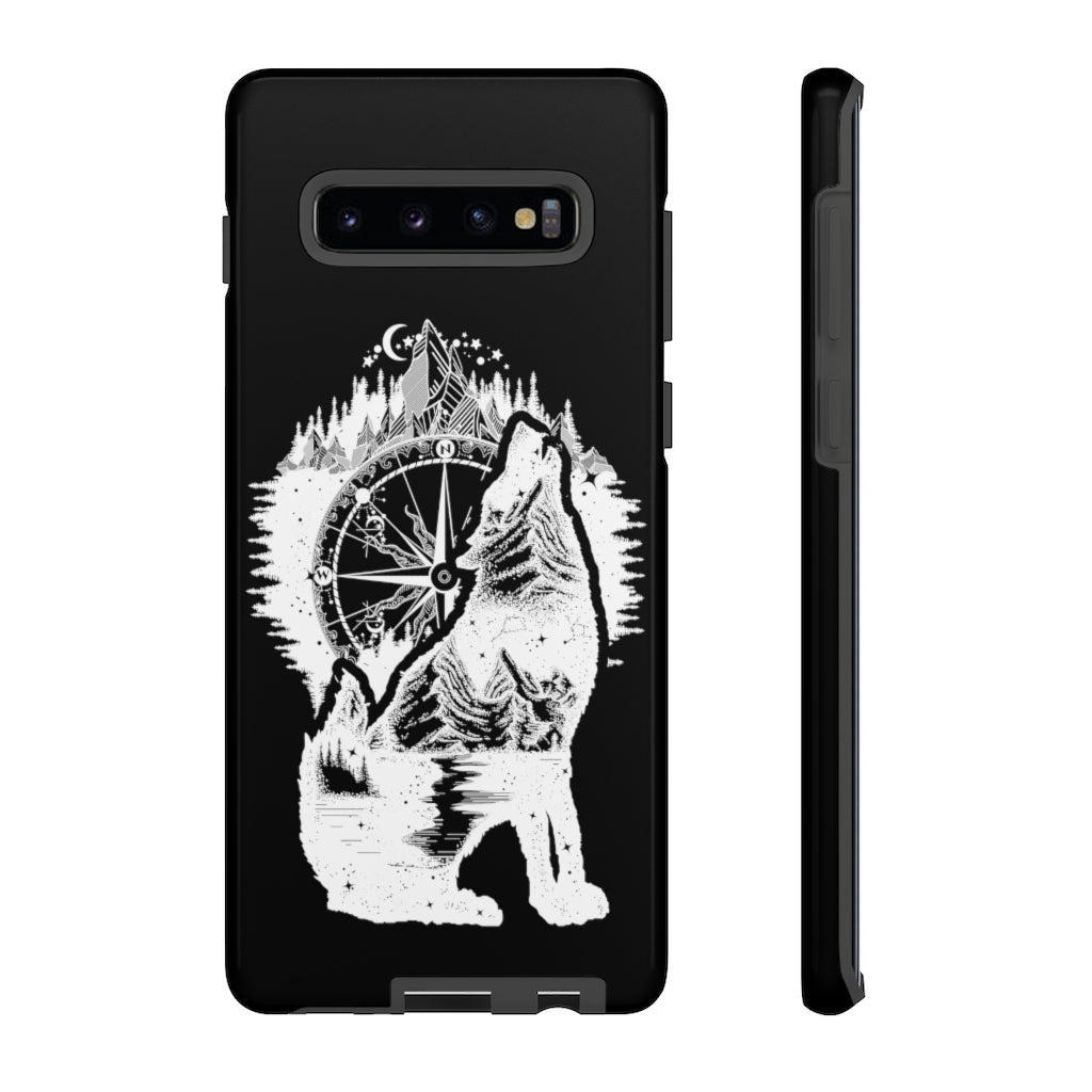 Black and White Wolf and Compass Tough Mobile Phone Cases