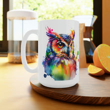 Load image into Gallery viewer, First In The Series of Rainbow Owl White Ceramic Mugs, 11oz and 15oz
